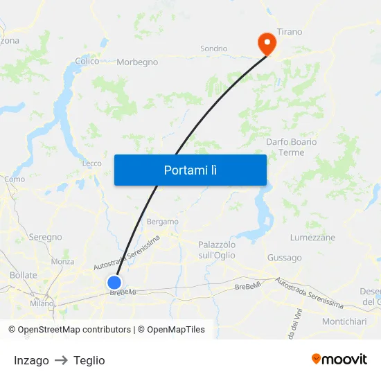 Inzago to Teglio map