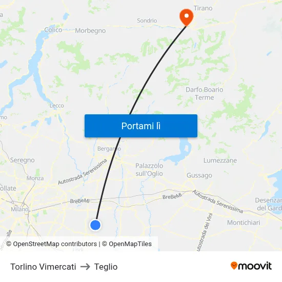 Torlino Vimercati to Teglio map