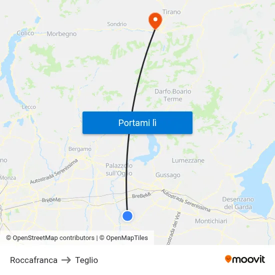Roccafranca to Teglio map