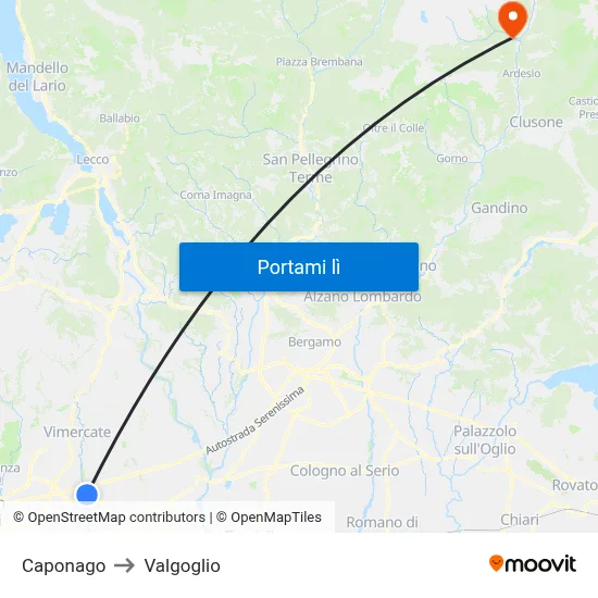 Caponago to Valgoglio map