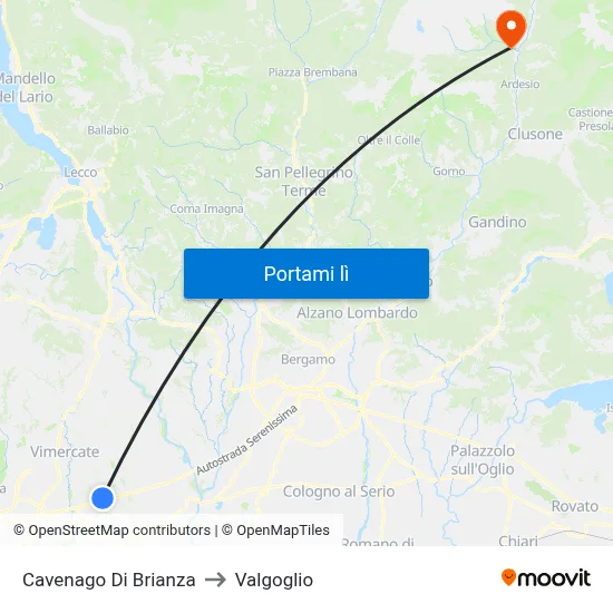 Cavenago Di Brianza to Valgoglio map
