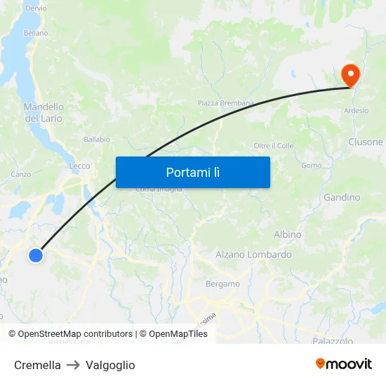 Cremella to Valgoglio map