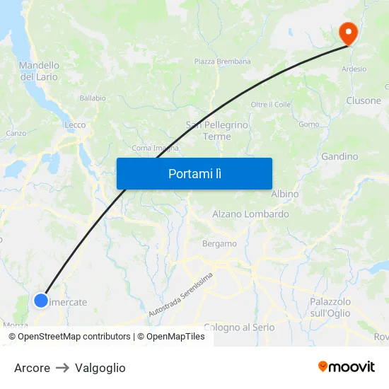 Arcore to Valgoglio map