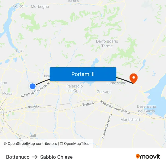 Bottanuco to Sabbio Chiese map