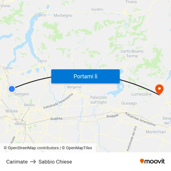 Carimate to Sabbio Chiese map