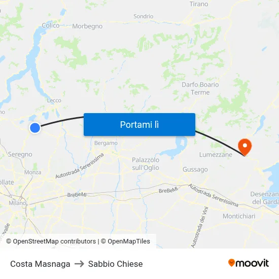 Costa Masnaga to Sabbio Chiese map