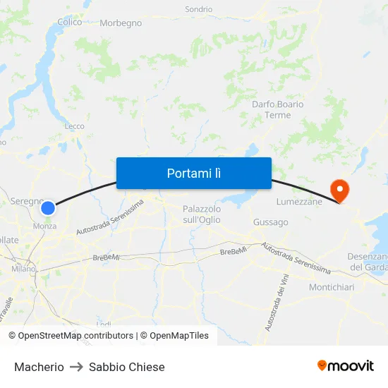 Macherio to Sabbio Chiese map