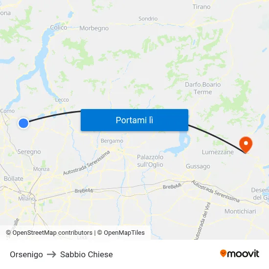 Orsenigo to Sabbio Chiese map