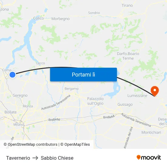Tavernerio to Sabbio Chiese map