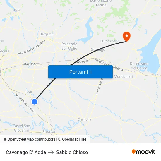 Cavenago D' Adda to Sabbio Chiese map