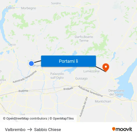 Valbrembo to Sabbio Chiese map