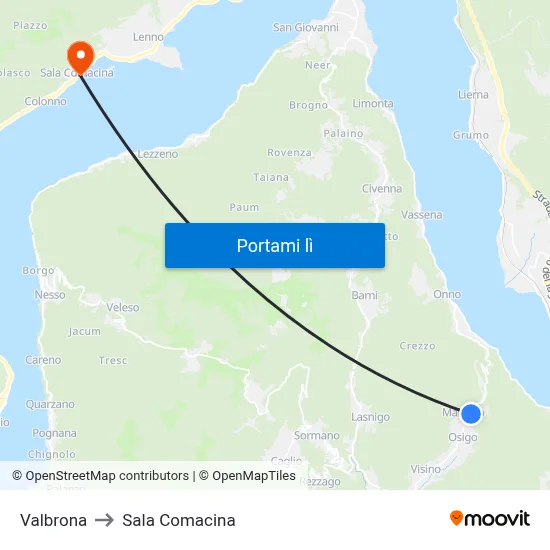 Valbrona to Sala Comacina map