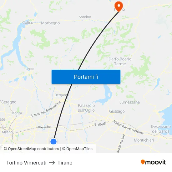 Torlino Vimercati to Tirano map