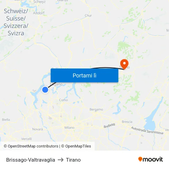 Brissago-Valtravaglia to Tirano map