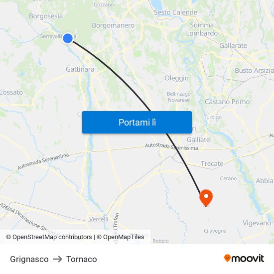 Grignasco to Tornaco map