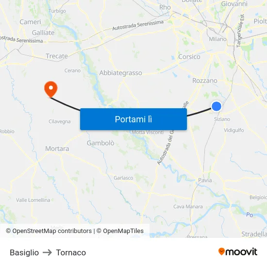 Basiglio to Tornaco map