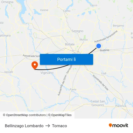 Bellinzago Lombardo to Tornaco map