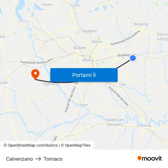 Calvenzano to Tornaco map