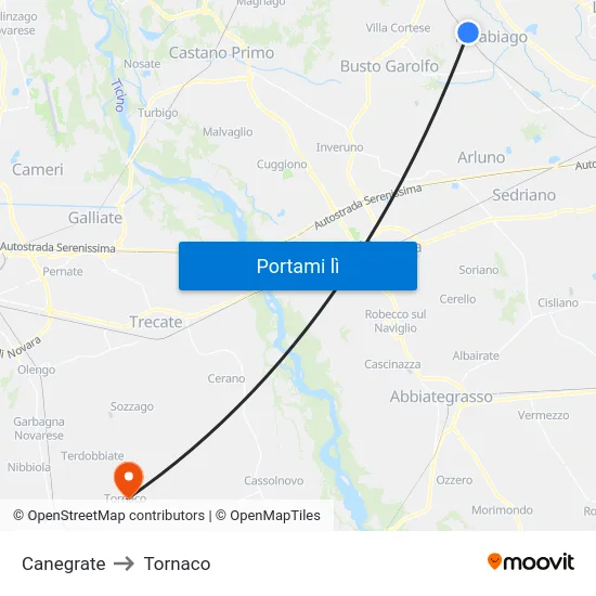 Canegrate to Tornaco map