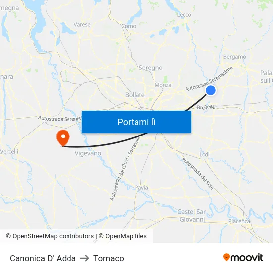 Canonica D' Adda to Tornaco map