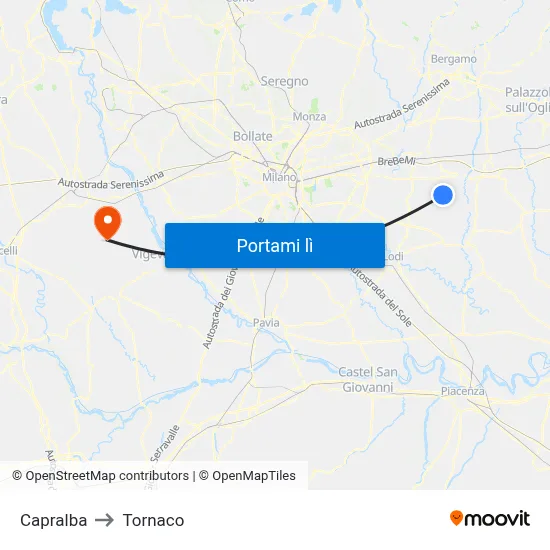 Capralba to Tornaco map