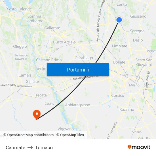 Carimate to Tornaco map