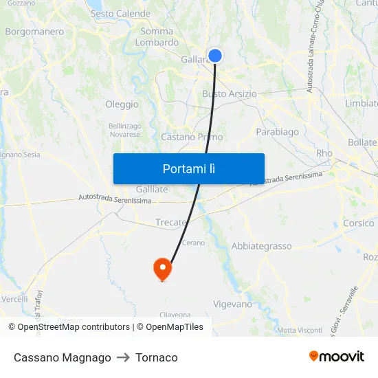 Cassano Magnago to Tornaco map