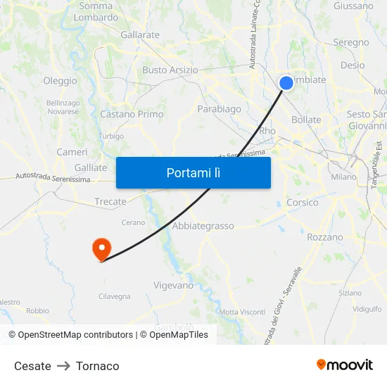Cesate to Tornaco map
