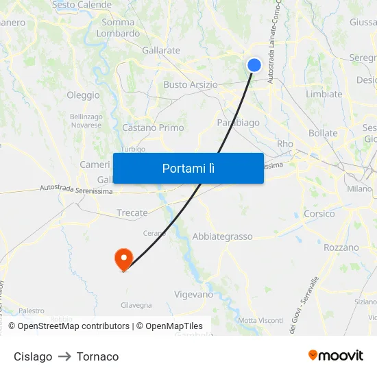 Cislago to Tornaco map