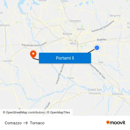 Comazzo to Tornaco map