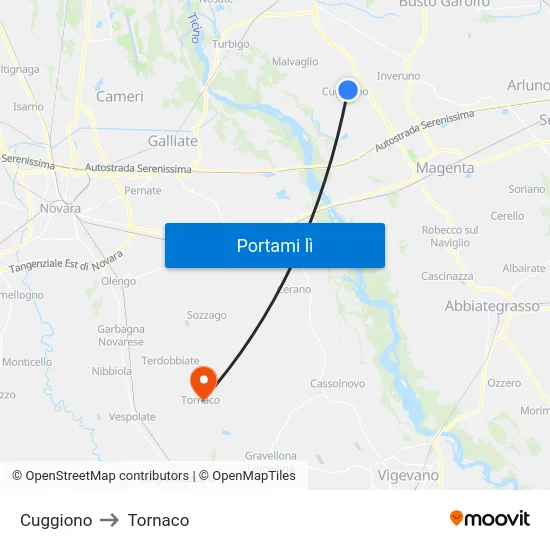 Cuggiono to Tornaco map