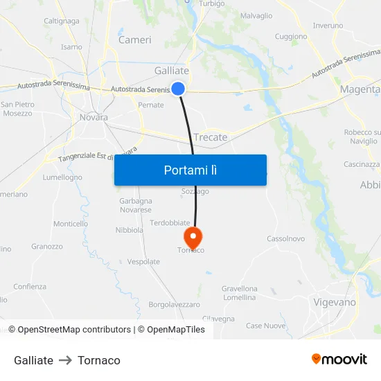 Galliate to Tornaco map