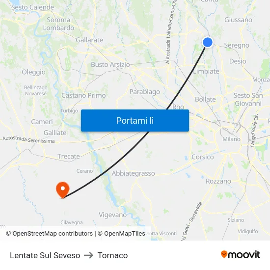 Lentate Sul Seveso to Tornaco map