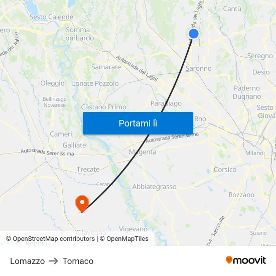 Lomazzo to Tornaco map