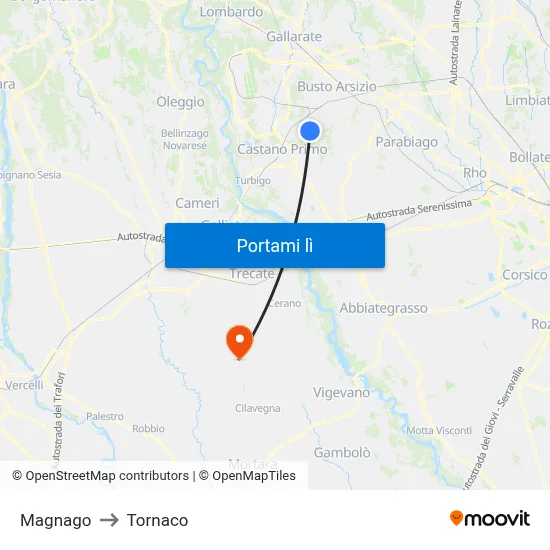 Magnago to Tornaco map
