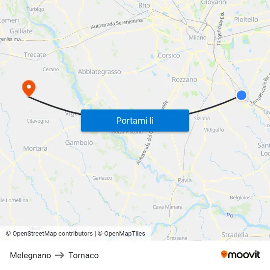 Melegnano to Tornaco map