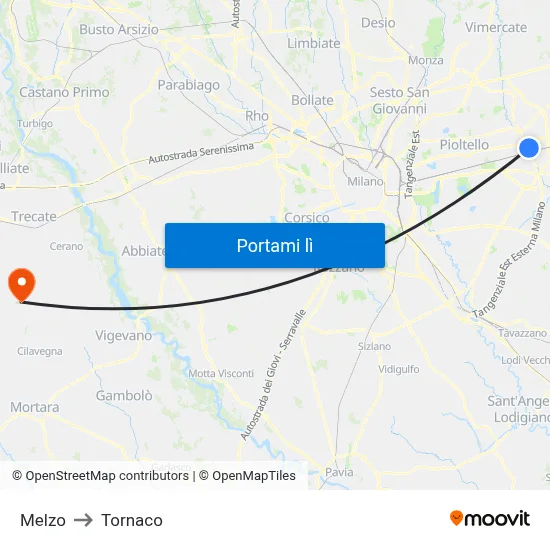 Melzo to Tornaco map
