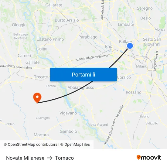 Novate Milanese to Tornaco map
