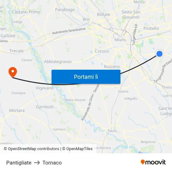 Pantigliate to Tornaco map