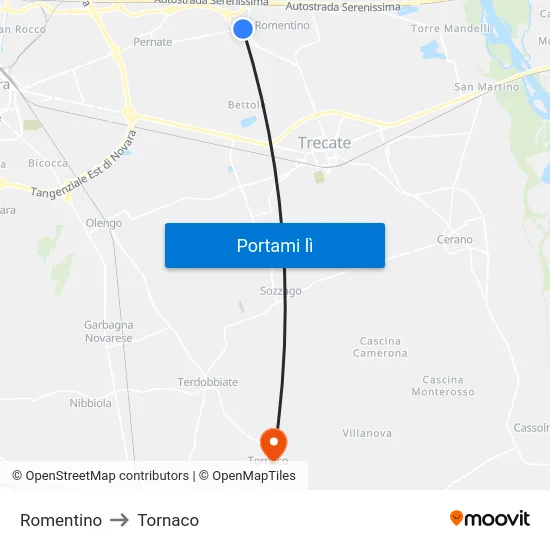 Romentino to Tornaco map