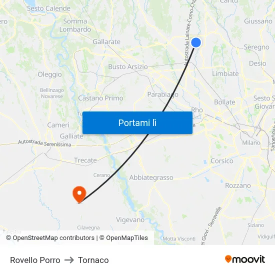 Rovello Porro to Tornaco map