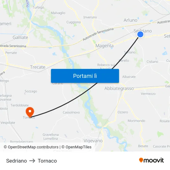 Sedriano to Tornaco map