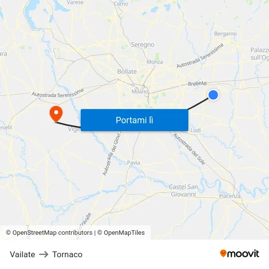 Vailate to Tornaco map