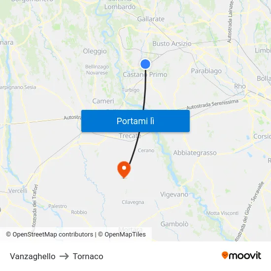 Vanzaghello to Tornaco map