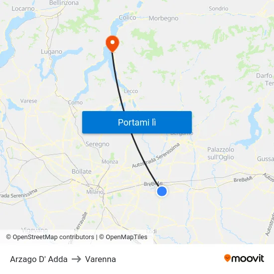 Arzago D' Adda to Varenna map