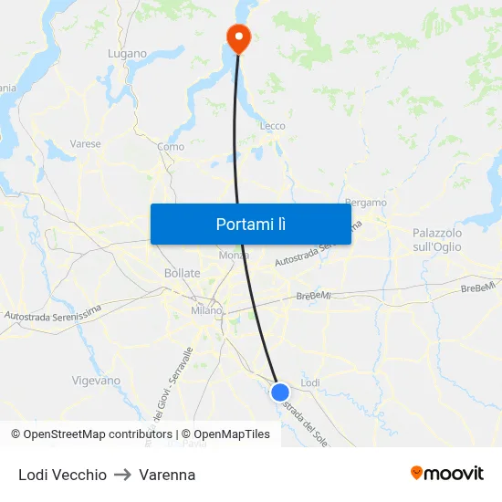 Lodi Vecchio to Varenna map