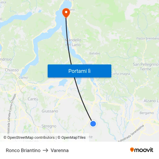 Ronco Briantino to Varenna map
