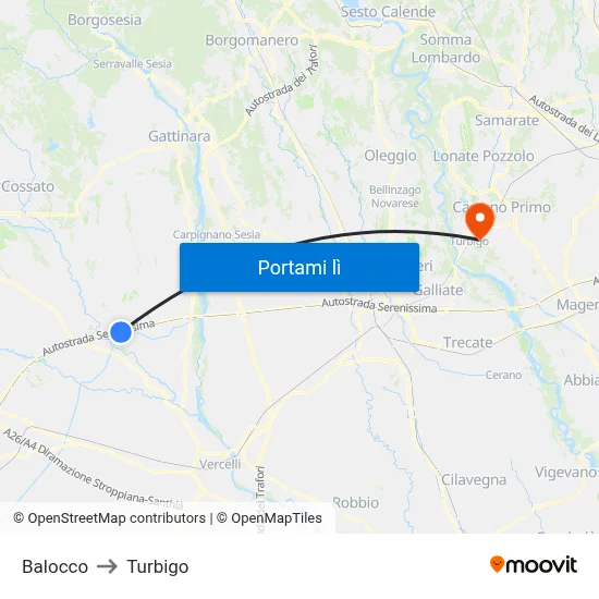 Balocco to Turbigo map