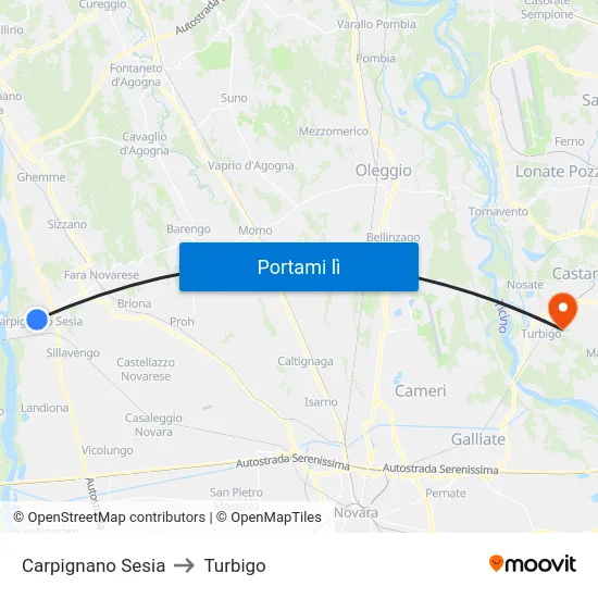 Carpignano Sesia to Turbigo map