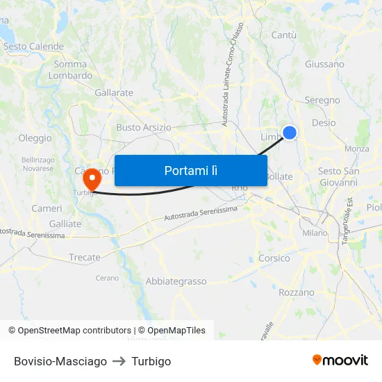 Bovisio-Masciago to Turbigo map